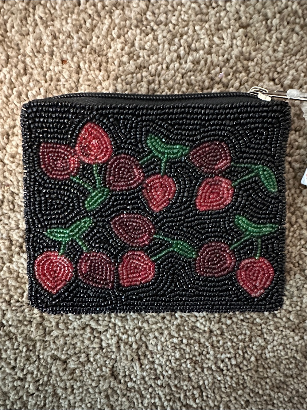 Beaded Cherry Coin Purse - Black and Red